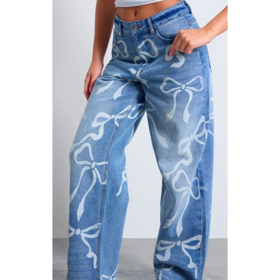 Light Blue Ribbon Detail Laser Print Jeans Light Blue Ribbon Detail Laser Print Jeans