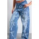 Light Blue Ribbon Detail Laser Print Jeans Light Blue Ribbon Detail Laser Print Jeans