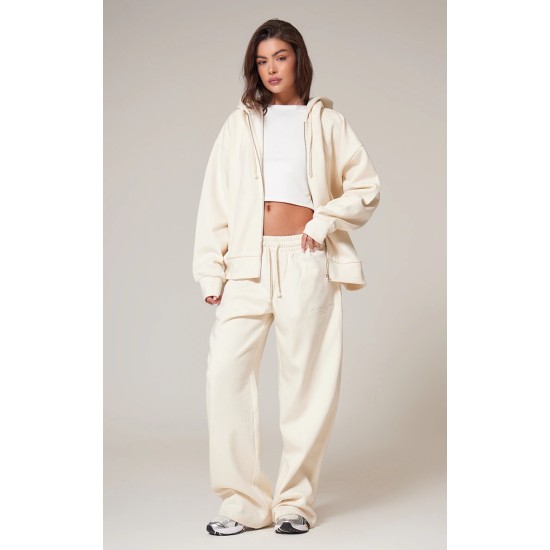 PRETTYLITTLETHING Cream Premium Embroidered Oversized Wide Leg Sweatpants PRETTYLITTLETHING Cream Premium Embroidered Oversized Wide Leg Sweatpants