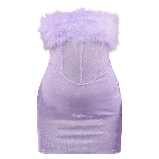 Lilac Glitter Corset Feather Bandeau Bodycon Dress Lilac Glitter Corset Feather Bandeau Bodycon Dress