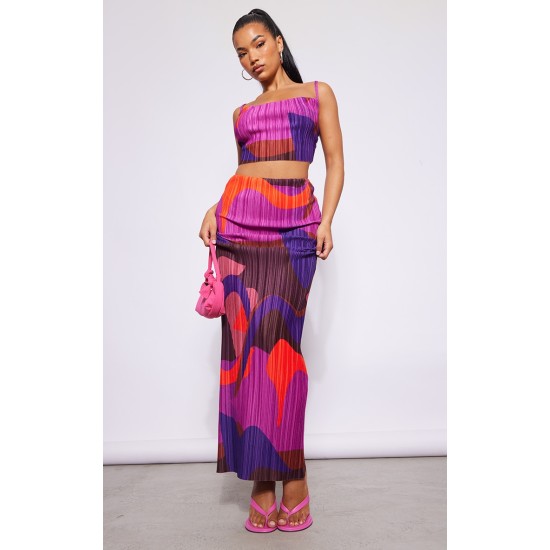 Pink Print Plisse Maxi Skirt Pink Print Plisse Maxi Skirt