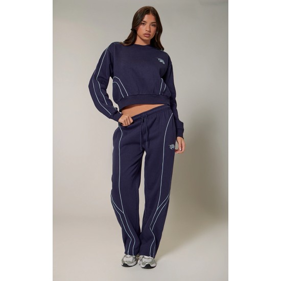 PRETTYLITTLETHING Navy Embroidered Contrast Piping Straight Leg Sweatpants PRETTYLITTLETHING Navy Embroidered Contrast Piping Straight Leg Sweatpants