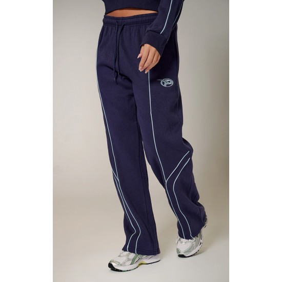 PRETTYLITTLETHING Navy Embroidered Contrast Piping Straight Leg Sweatpants PRETTYLITTLETHING Navy Embroidered Contrast Piping Straight Leg Sweatpants