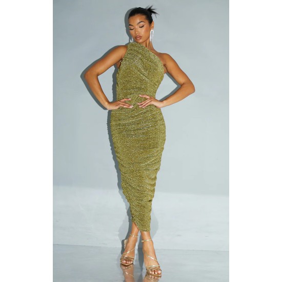 Gold Glitter Plisse Ruched One Shoulder Midi Dress Gold Glitter Plisse Ruched One Shoulder Midi Dress