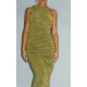 Gold Glitter Plisse Ruched One Shoulder Midi Dress Gold Glitter Plisse Ruched One Shoulder Midi Dress