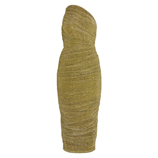Gold Glitter Plisse Ruched One Shoulder Midi Dress Gold Glitter Plisse Ruched One Shoulder Midi Dress