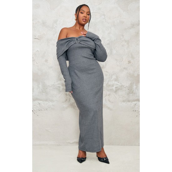 Plus Charcoal Heavy Brushed Rib Bardot Trim Maxi Dress Plus Charcoal Heavy Brushed Rib Bardot Trim Maxi Dress