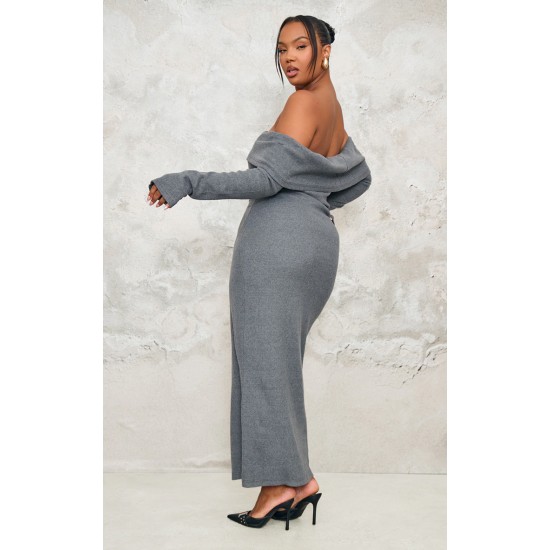 Plus Charcoal Heavy Brushed Rib Bardot Trim Maxi Dress Plus Charcoal Heavy Brushed Rib Bardot Trim Maxi Dress