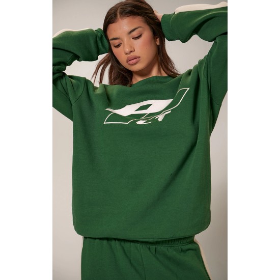 PRETTYLITTLETHING Forest Green Embroidered Contrast Oversized Sweatshirt PRETTYLITTLETHING Forest Green Embroidered Contrast Oversized Sweatshirt