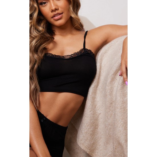 Black Jersey Lace Trim Short PJ Set Black Jersey Lace Trim Short PJ Set