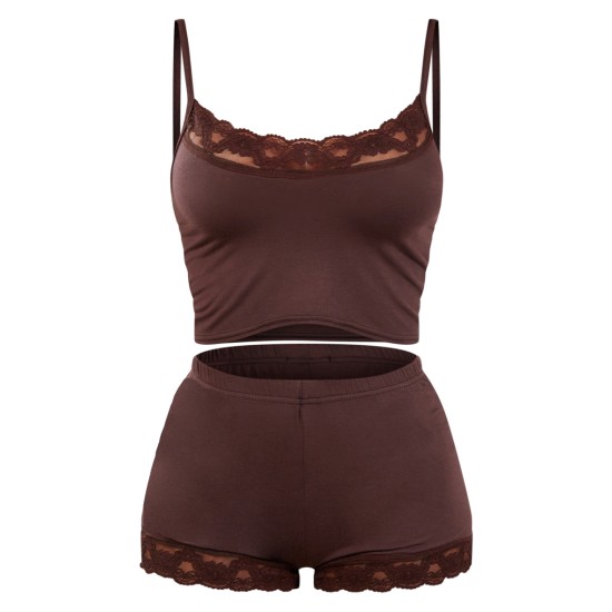 Chocolate Jersey Lace Trim Short PJ Set Chocolate Jersey Lace Trim Short PJ Set