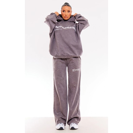 PRETTYLITTLETHING Washed Charcoal Print Oversized Wide Leg Sweatpants PRETTYLITTLETHING Washed Charcoal Print Oversized Wide Leg Sweatpants