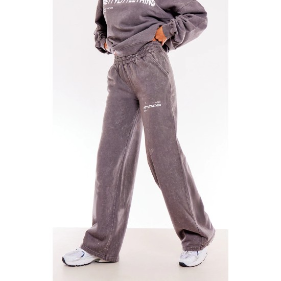 PRETTYLITTLETHING Washed Charcoal Print Oversized Wide Leg Sweatpants PRETTYLITTLETHING Washed Charcoal Print Oversized Wide Leg Sweatpants