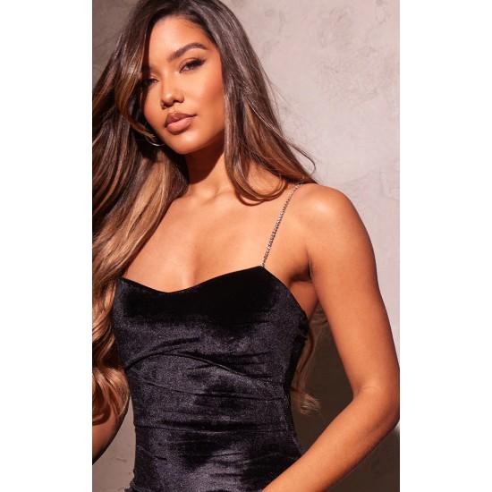 Black Diamante Strap Velvet Flared Jumpsuit Black Diamante Strap Velvet Flared Jumpsuit