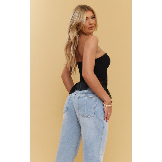 Black Mesh Long Line Floral Frill Bandeau Top Black Mesh Long Line Floral Frill Bandeau Top