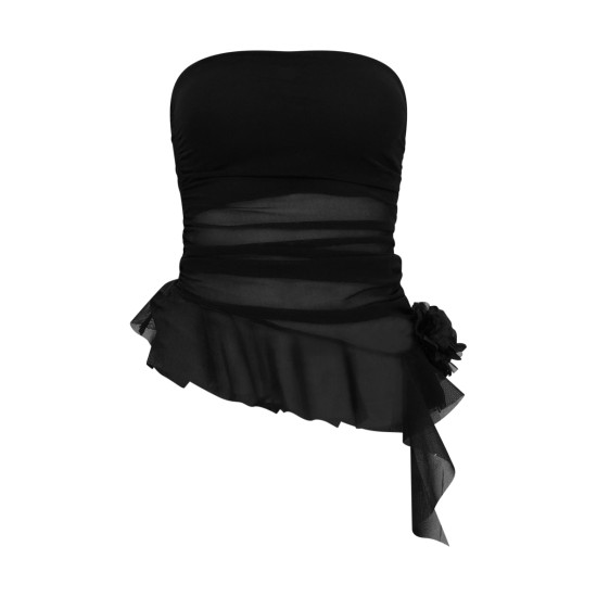 Black Mesh Long Line Floral Frill Bandeau Top Black Mesh Long Line Floral Frill Bandeau Top
