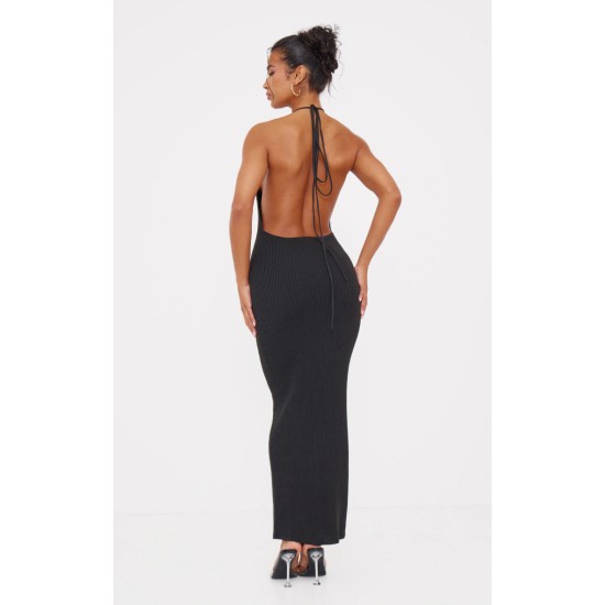 Black Fine Knit Halterneck Maxi Dress Black Fine Knit Halterneck Maxi Dress