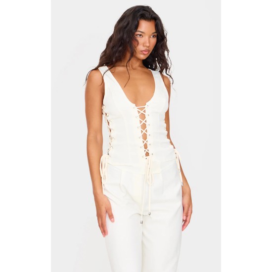 Cream Woven Lace Up Detail Plunge Sleeveless Top Cream Woven Lace Up Detail Plunge Sleeveless Top