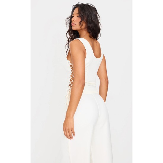 Cream Woven Lace Up Detail Plunge Sleeveless Top Cream Woven Lace Up Detail Plunge Sleeveless Top