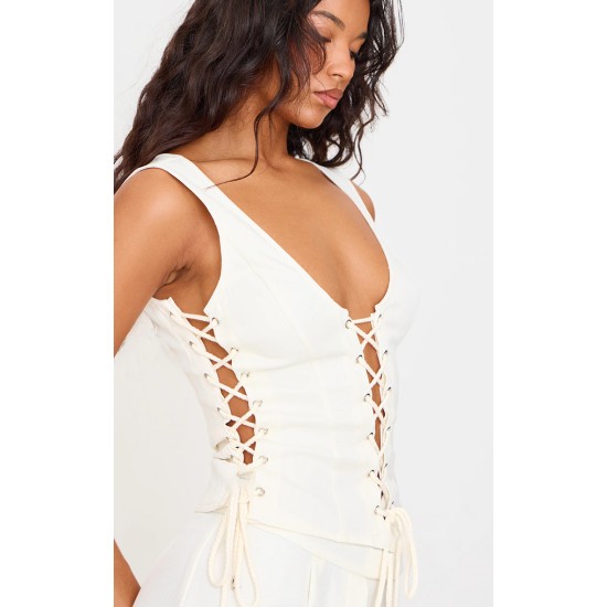 Cream Woven Lace Up Detail Plunge Sleeveless Top Cream Woven Lace Up Detail Plunge Sleeveless Top