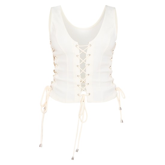 Cream Woven Lace Up Detail Plunge Sleeveless Top Cream Woven Lace Up Detail Plunge Sleeveless Top