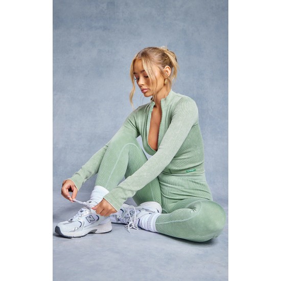 Khaki Acid Wash Seamless Rib High Waist Gym Leggings Khaki Acid Wash Seamless Rib High Waist Gym Leggings