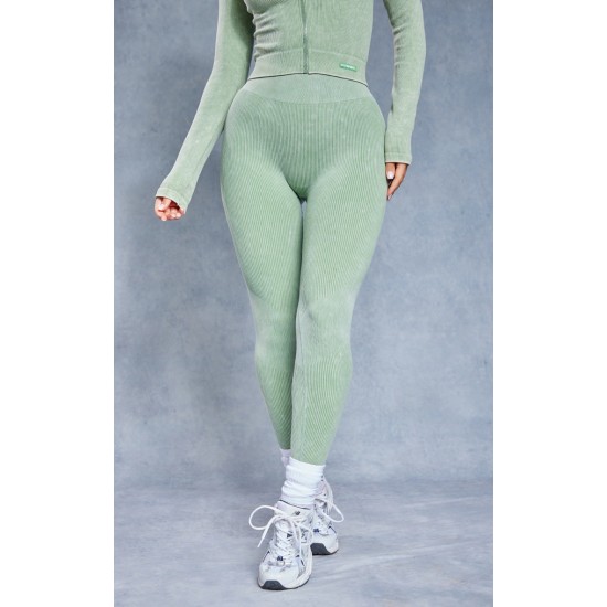 Khaki Acid Wash Seamless Rib High Waist Gym Leggings Khaki Acid Wash Seamless Rib High Waist Gym Leggings