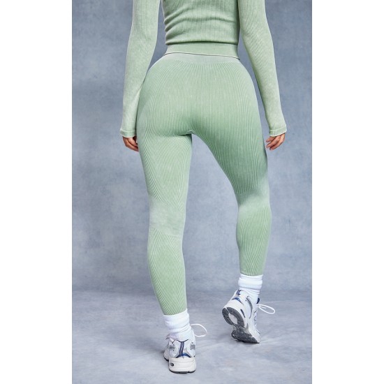 Khaki Acid Wash Seamless Rib High Waist Gym Leggings Khaki Acid Wash Seamless Rib High Waist Gym Leggings
