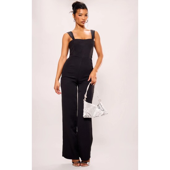 Black Woven Cut Out Bow Detail Jumpsuit Black Woven Cut Out Bow Detail Jumpsuit