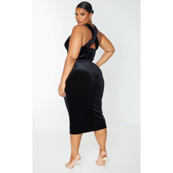 Plus Black Velvet Underwired Cross Front Midi Dress Plus Black Velvet Underwired Cross Front Midi Dress