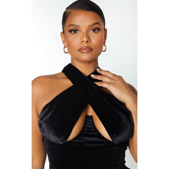 Plus Black Velvet Underwired Cross Front Midi Dress Plus Black Velvet Underwired Cross Front Midi Dress