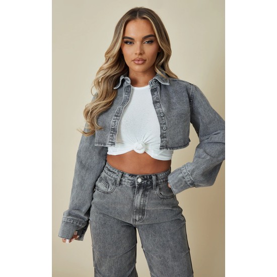 Washed Grey Denim Cropped Shirt Washed Grey Denim Cropped Shirt