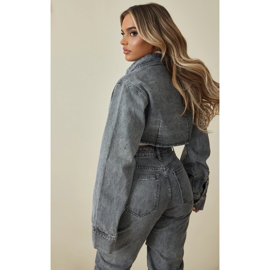 Washed Grey Denim Cropped Shirt Washed Grey Denim Cropped Shirt