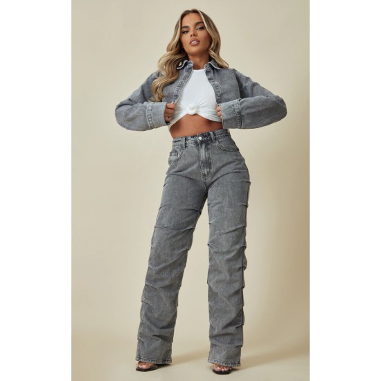 Washed Grey Denim Cropped Shirt Washed Grey Denim Cropped Shirt