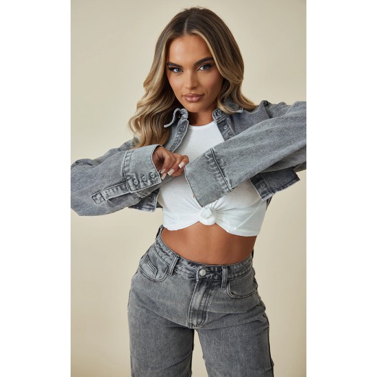 Washed Grey Denim Cropped Shirt Washed Grey Denim Cropped Shirt