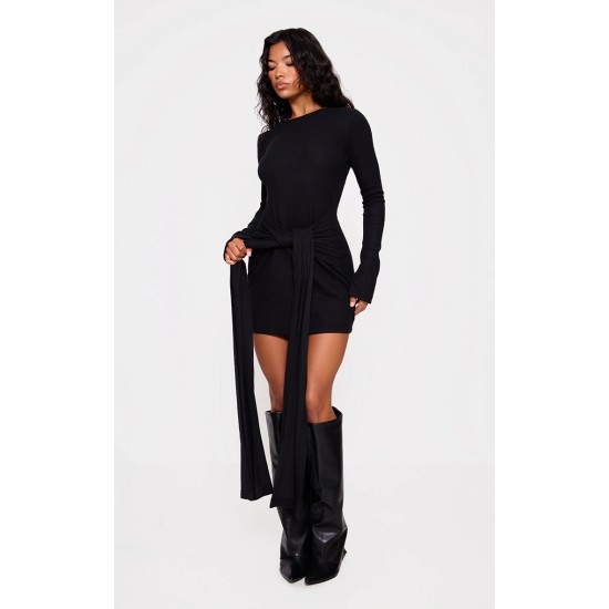 Black Heavy Brushed Rib Wrap Tie Bodycon Dress Black Heavy Brushed Rib Wrap Tie Bodycon Dress