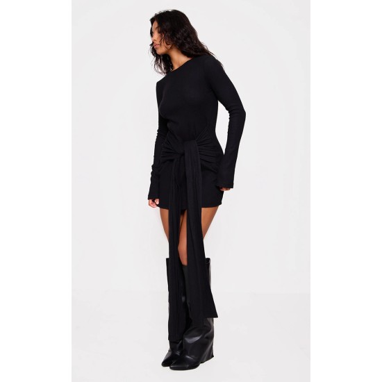 Black Heavy Brushed Rib Wrap Tie Bodycon Dress Black Heavy Brushed Rib Wrap Tie Bodycon Dress