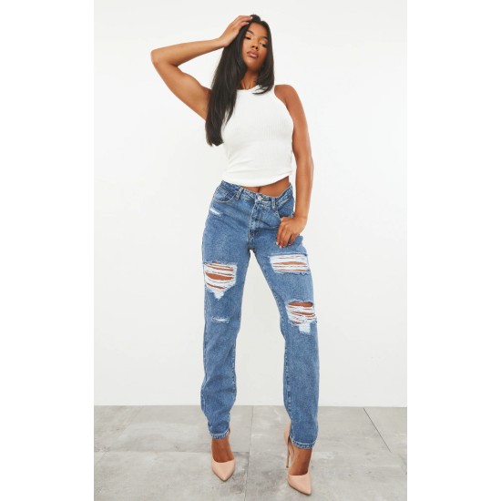 PRETTYLITTLETHING Mid Blue Ripped Mom Jeans PRETTYLITTLETHING Mid Blue Ripped Mom Jeans