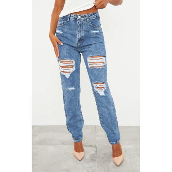 PRETTYLITTLETHING Mid Blue Ripped Mom Jeans PRETTYLITTLETHING Mid Blue Ripped Mom Jeans
