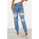 PRETTYLITTLETHING Mid Blue Ripped Mom Jeans PRETTYLITTLETHING Mid Blue Ripped Mom Jeans