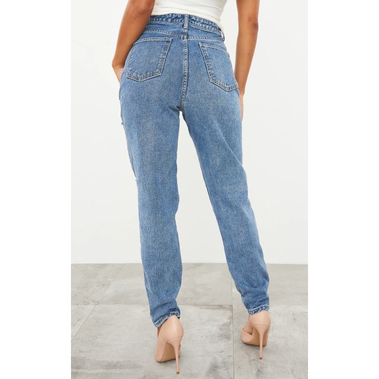 PRETTYLITTLETHING Mid Blue Ripped Mom Jeans PRETTYLITTLETHING Mid Blue Ripped Mom Jeans