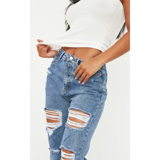 PRETTYLITTLETHING Mid Blue Ripped Mom Jeans PRETTYLITTLETHING Mid Blue Ripped Mom Jeans
