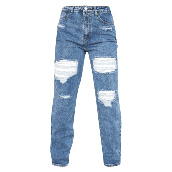 PRETTYLITTLETHING Mid Blue Ripped Mom Jeans PRETTYLITTLETHING Mid Blue Ripped Mom Jeans
