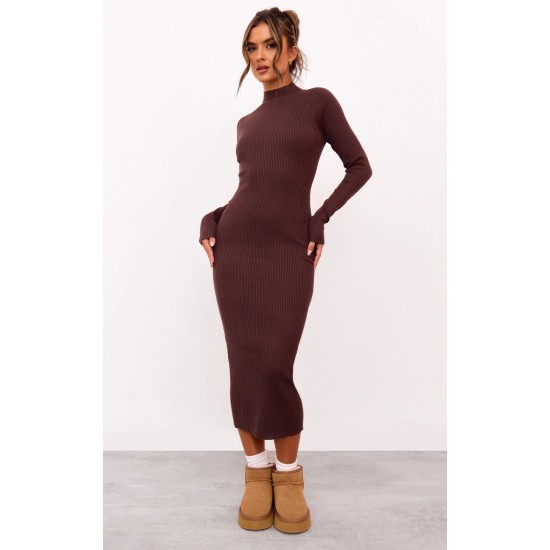 Chocolate Turtle Neck Knitted Bodycon Maxi Dress Chocolate Turtle Neck Knitted Bodycon Maxi Dress