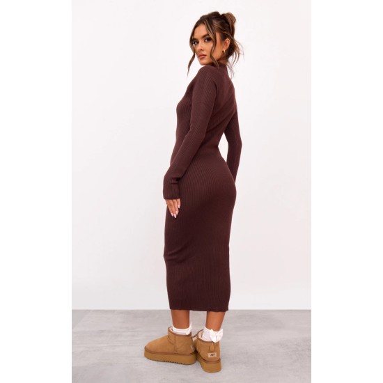 Chocolate Turtle Neck Knitted Bodycon Maxi Dress Chocolate Turtle Neck Knitted Bodycon Maxi Dress