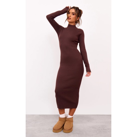 Chocolate Turtle Neck Knitted Bodycon Maxi Dress Chocolate Turtle Neck Knitted Bodycon Maxi Dress