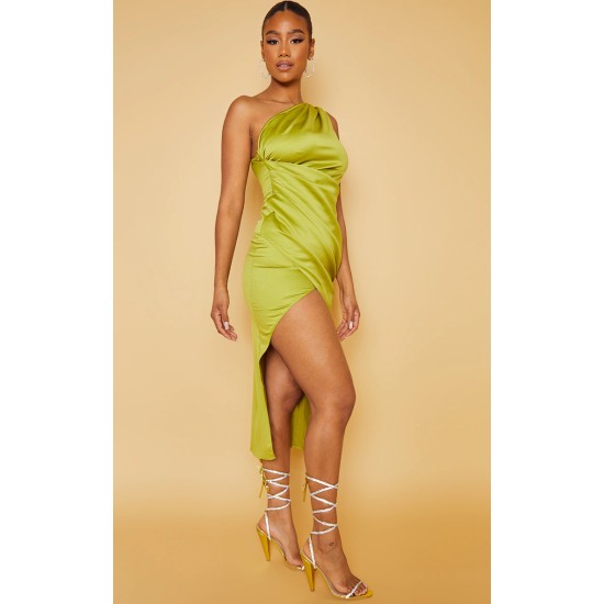 Olive Satin One Shoulder Pleat Detail Midi Dress Olive Satin One Shoulder Pleat Detail Midi Dress