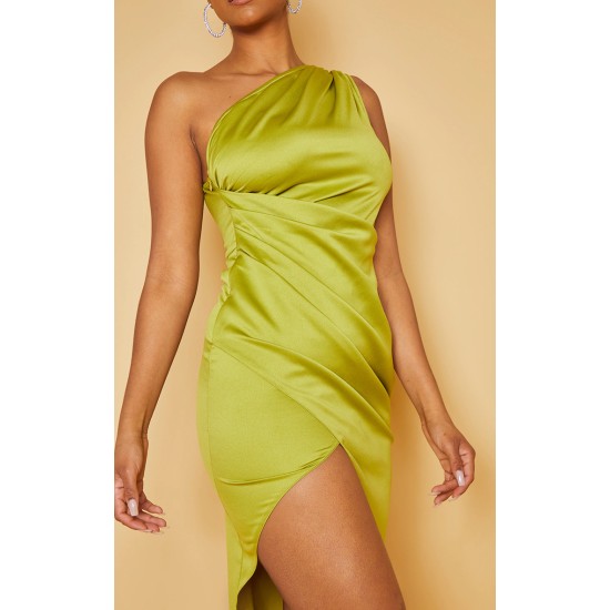 Olive Satin One Shoulder Pleat Detail Midi Dress Olive Satin One Shoulder Pleat Detail Midi Dress