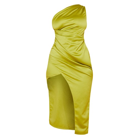 Olive Satin One Shoulder Pleat Detail Midi Dress Olive Satin One Shoulder Pleat Detail Midi Dress