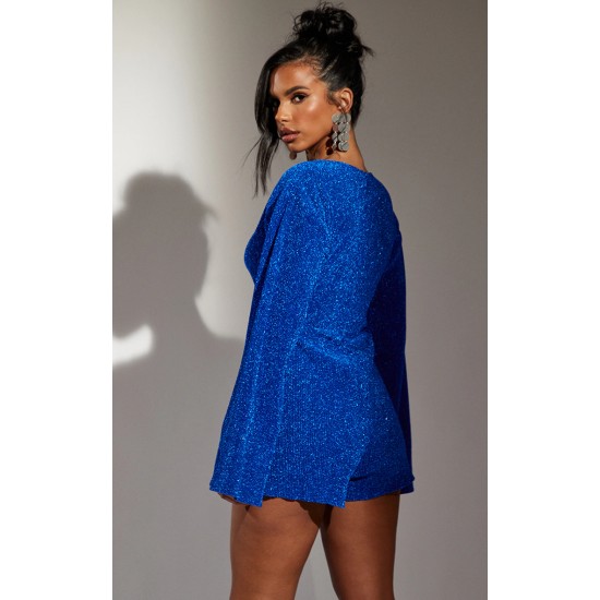 Bright Blue Glitter Plisse Flare Sleeve Cut Out Romper Bright Blue Glitter Plisse Flare Sleeve Cut Out Romper